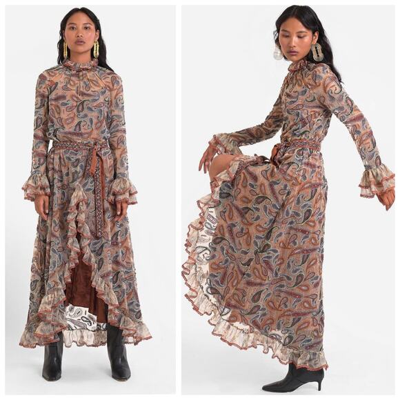 La Fuori Embroidered Sequin Paisley Silk Midi Dress Small – Ruffle Hem Rare Boho - Picture 1 of 11